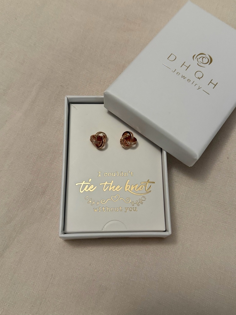 DHQH Jewelry I Couldn’t Tie the Knot Without You Rose Gold Knot Earrings